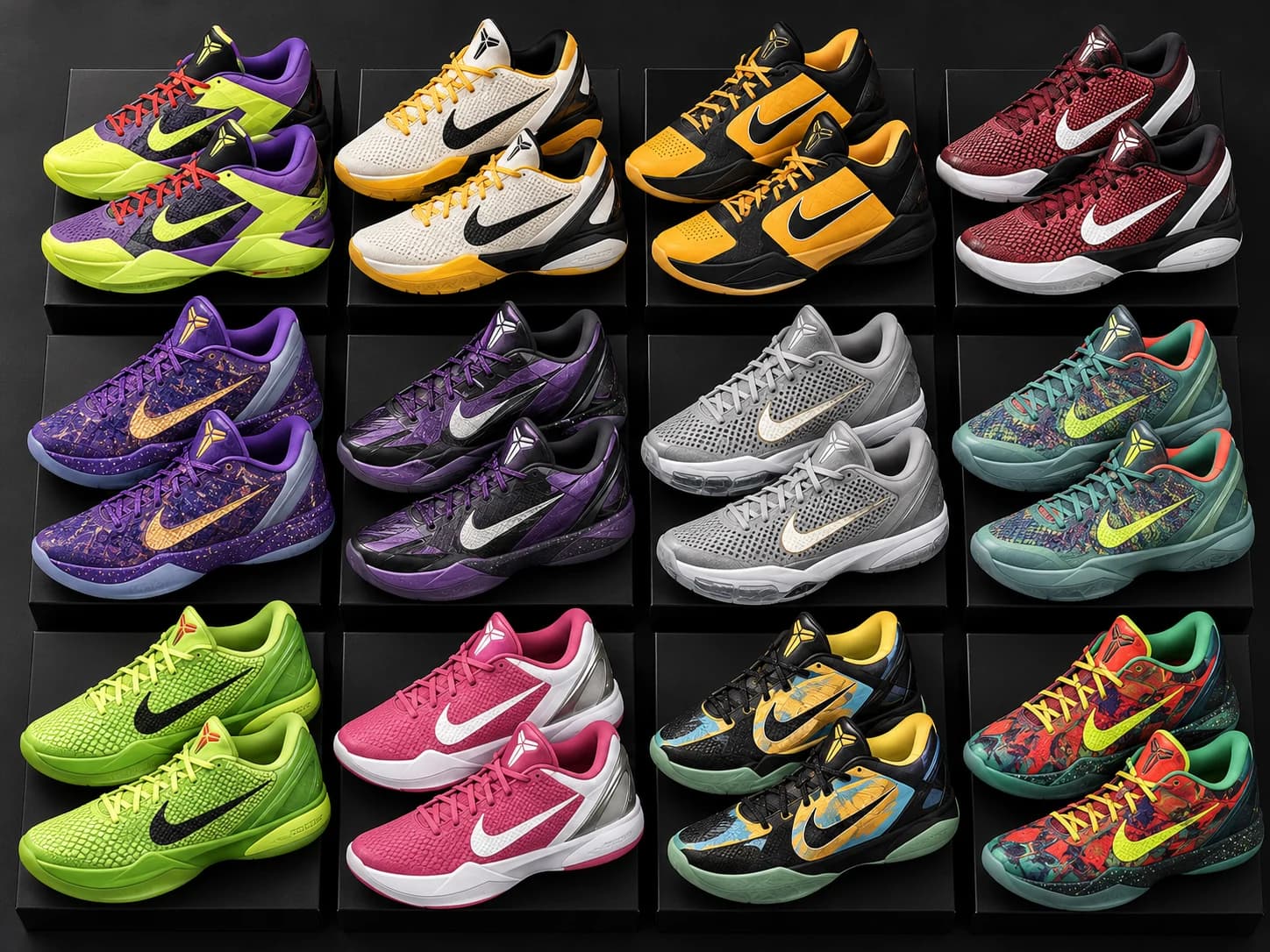 An illustrative collection of Nike Kobe basketball shoes in twelve different styles