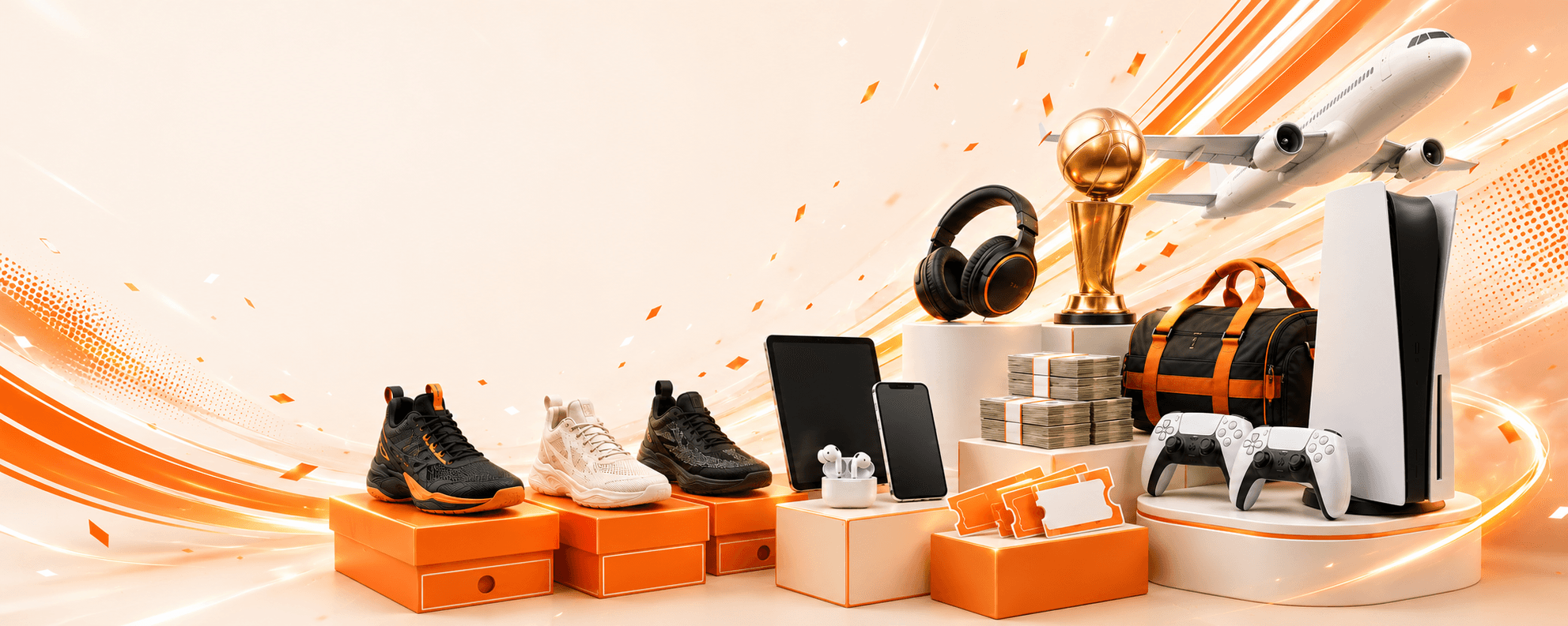 Charitable giveaway prizes - shoes, tech, cash, and a trip